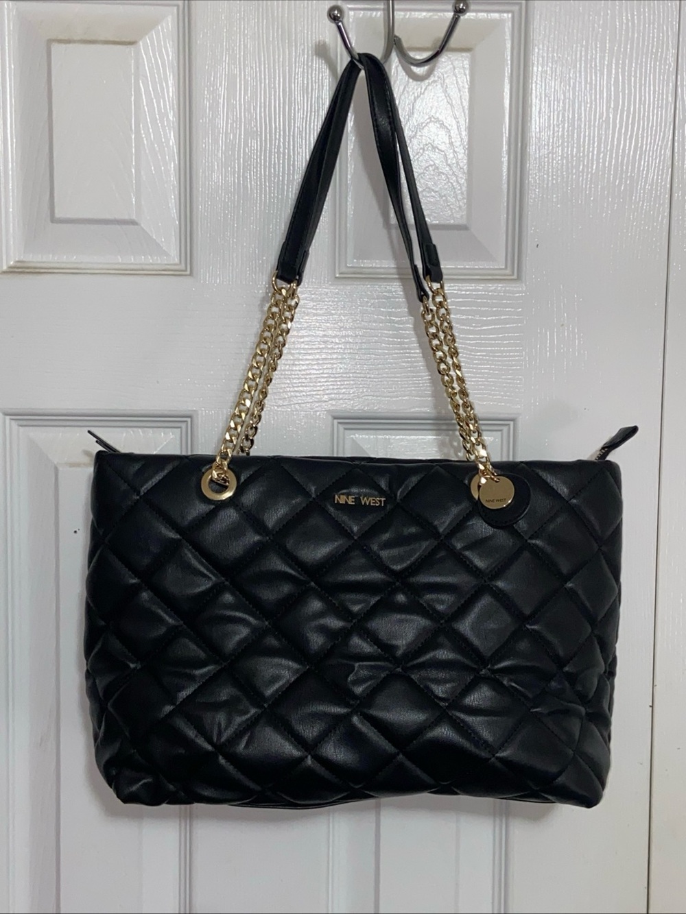 Nine West Black Quilted Tote with Gold Chain Straps